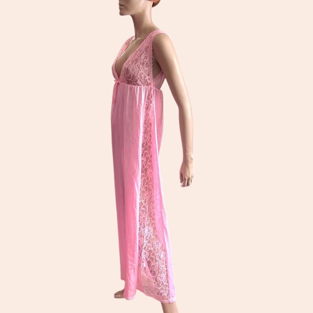 Vintage Pink Nightgown Peekaboo Lace Maxi Lingerie Babydoll Deep V Full Length - Picture 4 of 10